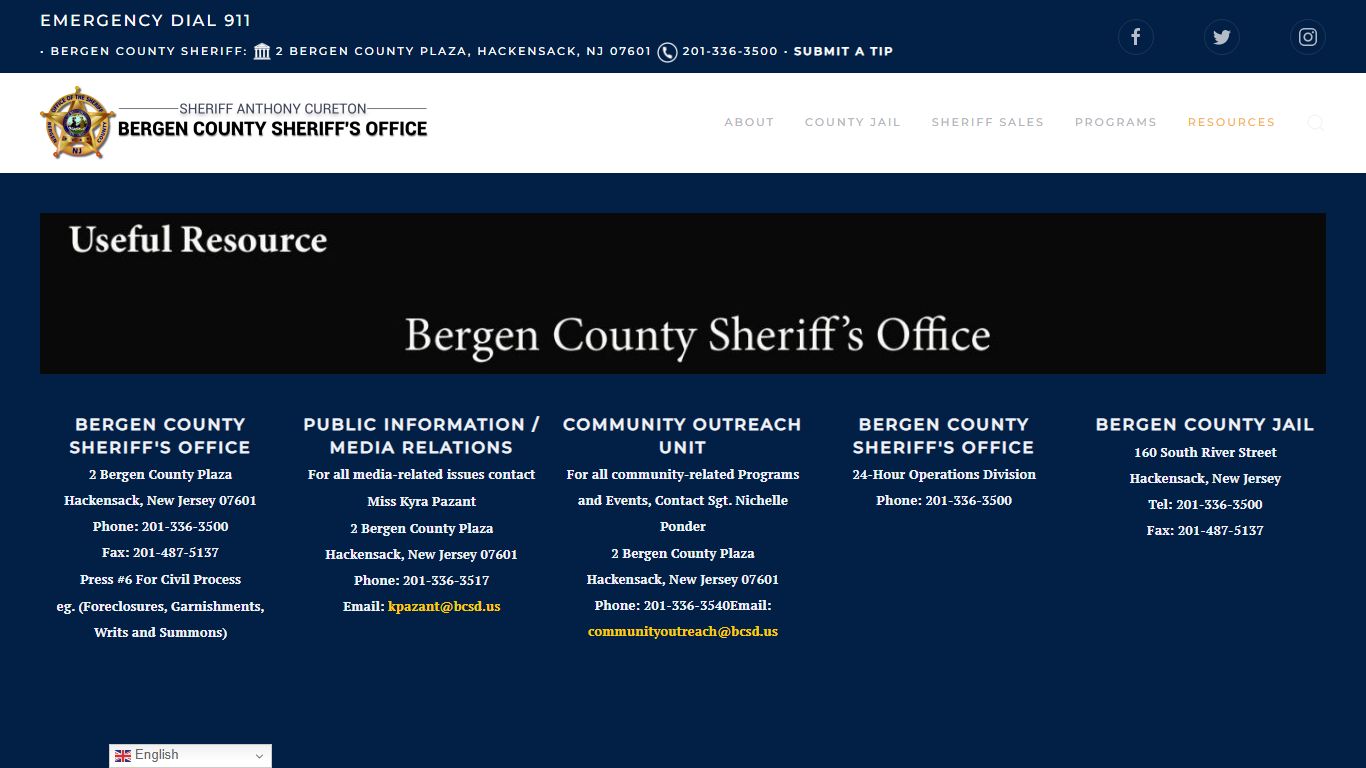 Contact Us - Bergen County Sheriff's Office